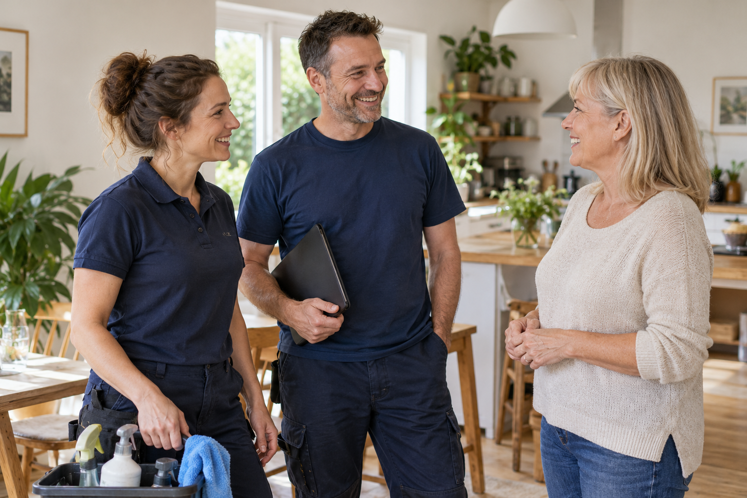 Two independent cleaning professionals and a customer smiling together at the end of a job in a bright home